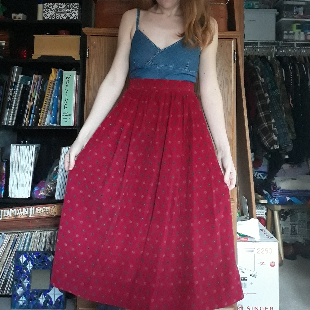 90s Walker & Lane Red Printed Corduroy Midi Skirt Size 8 Cotton Cottagecore - Picture 9 of 9